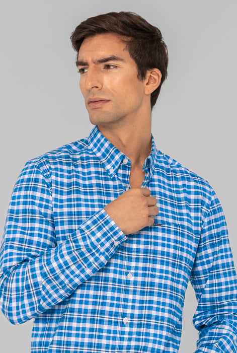 Men Blue Button Down Collar Long Sleeve Shirt