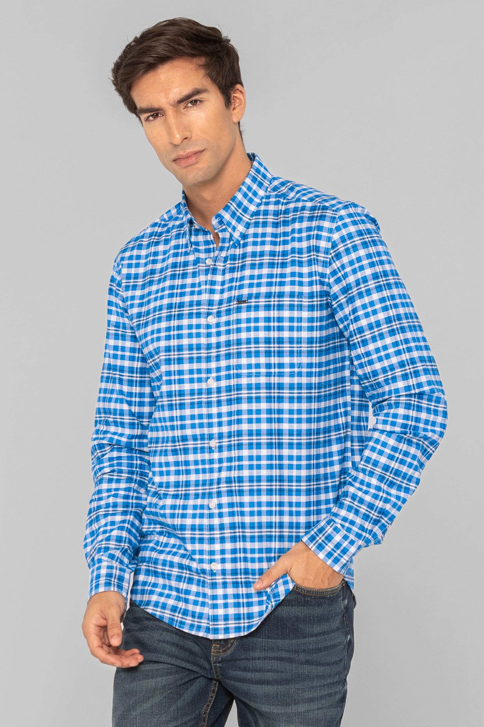 Enorsia Men's Blue Button Down Collar Long Sleeve Shirt - Uk S