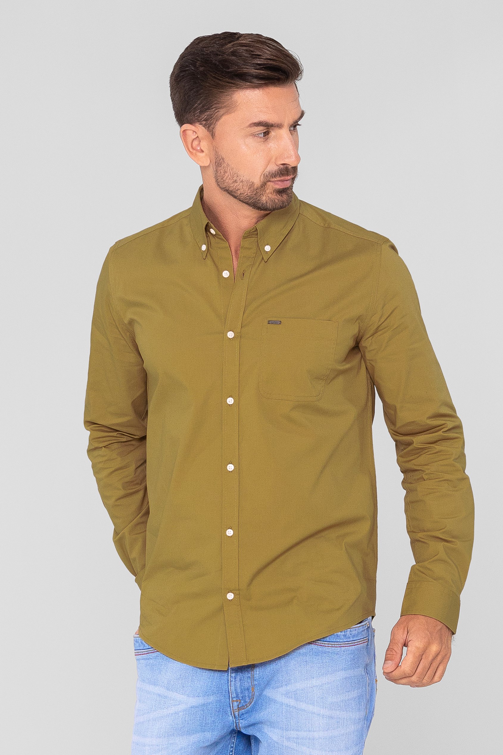 Enorsia Men's Green Gold Solid Long Sleeve Regular Fit Shirt - Uk S