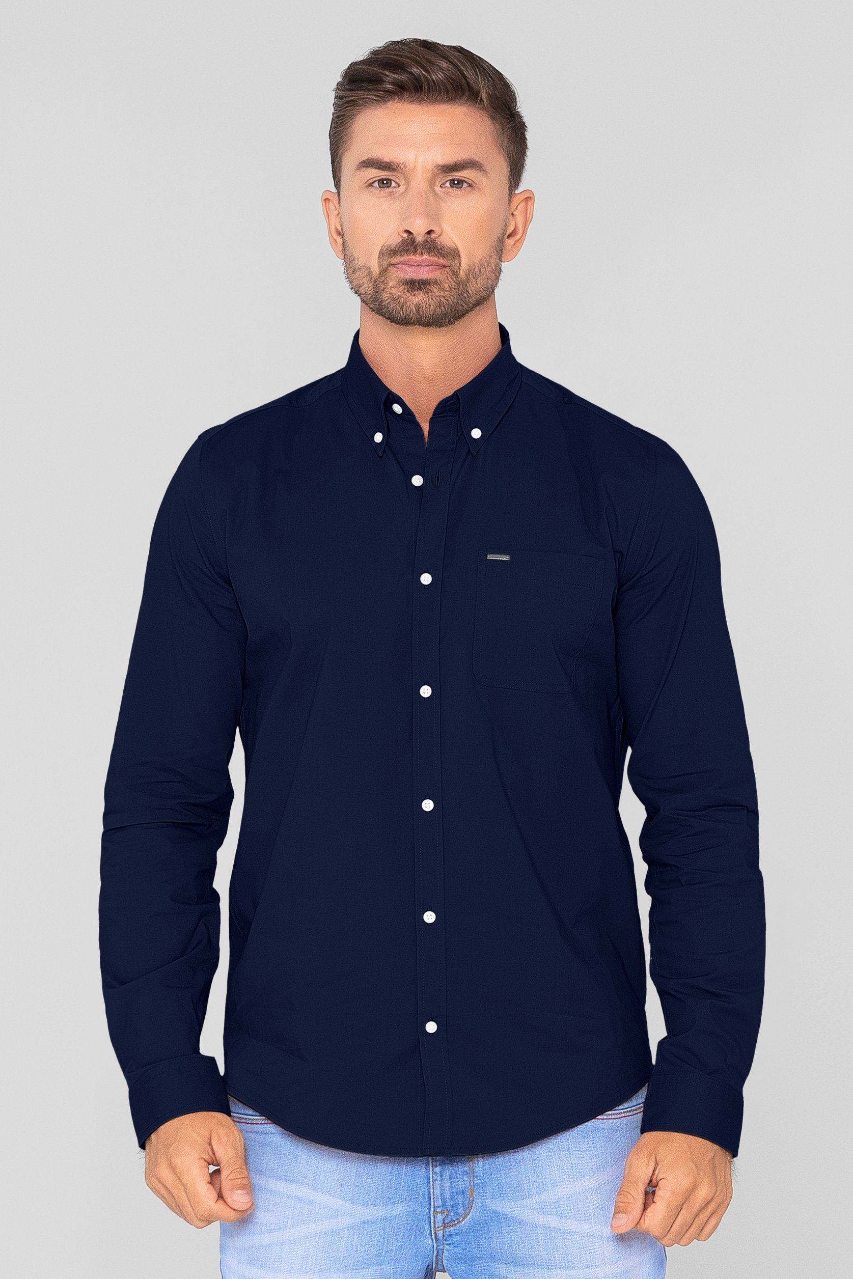 Enorsia Men's Black Navy Solid Long Sleeve Regular Fit Shirt - Uk S