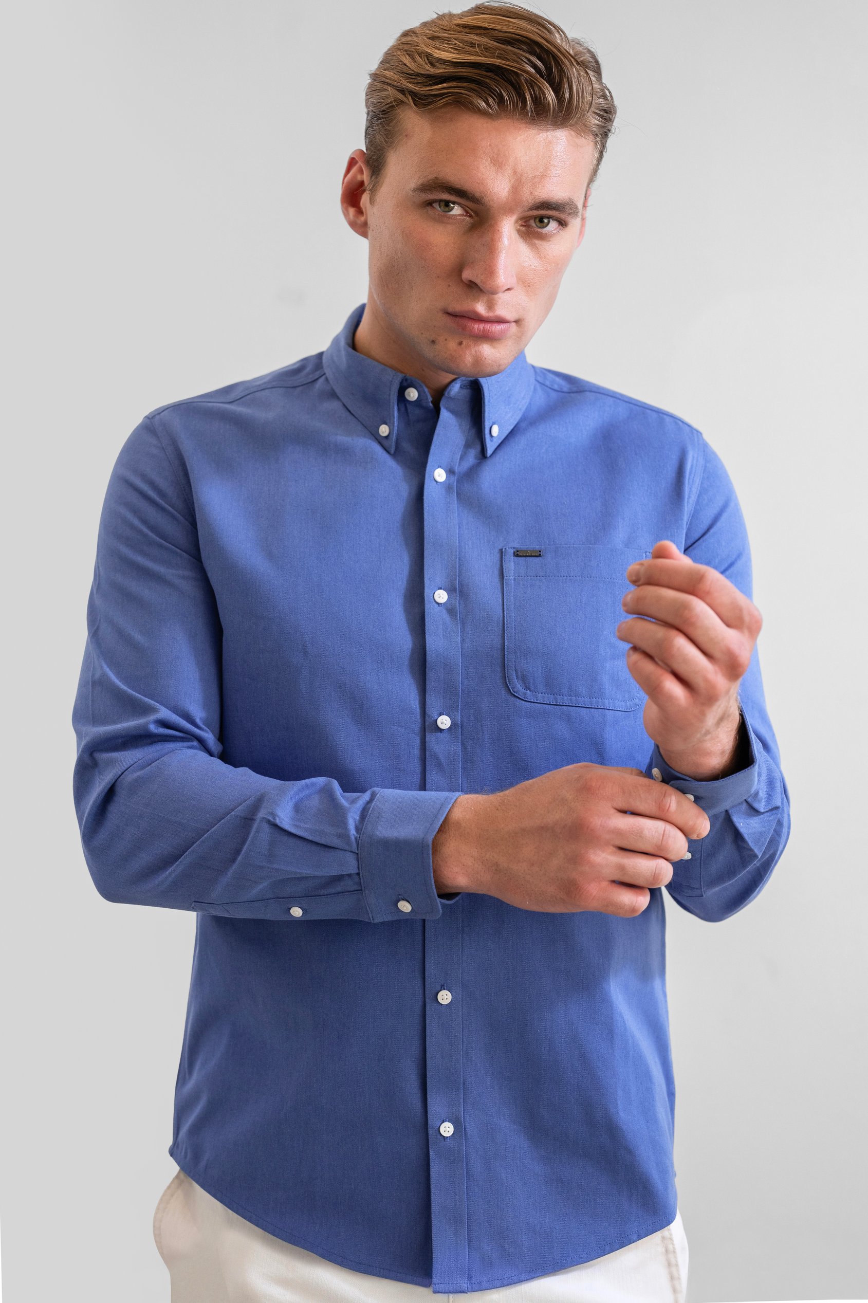 Enorsia Men's Blue Button Down Collar Long Sleeve Shirt - Uk S