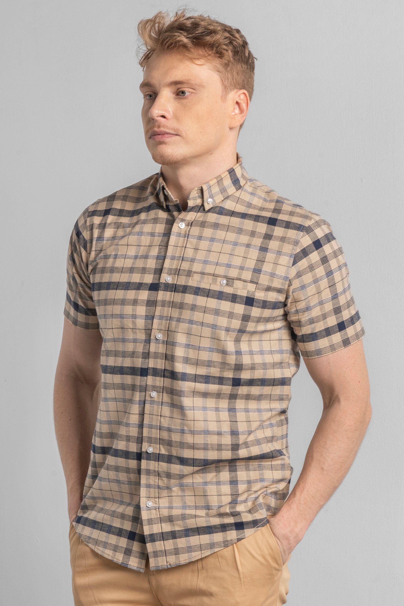 Enorsia Men's Cream Button Down Ss Oxford Shirt - Uk S