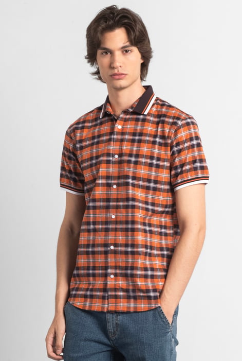 Mens Orange Short Sleeve Shirt With Rib Collar