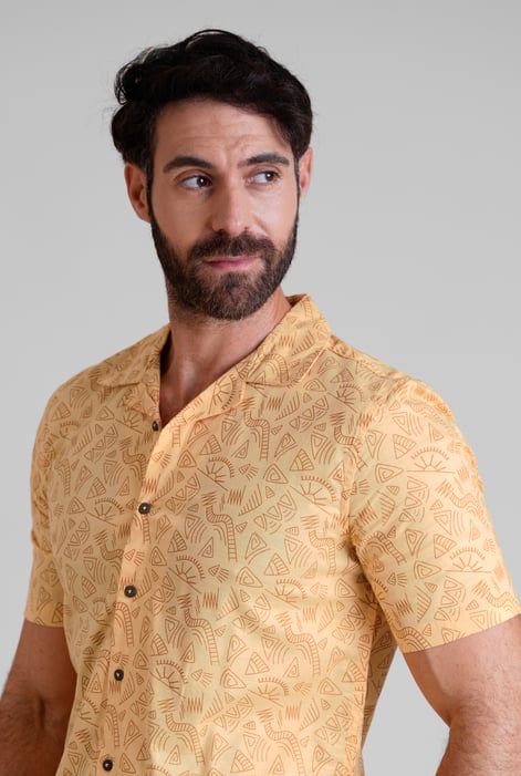 Light Orange Pencilled Revere Collar Short Sleeve Shirt