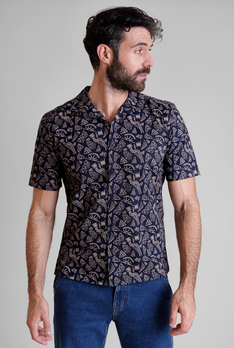 Light Orange Pencilled Revere Collar Short Sleeve Shirt