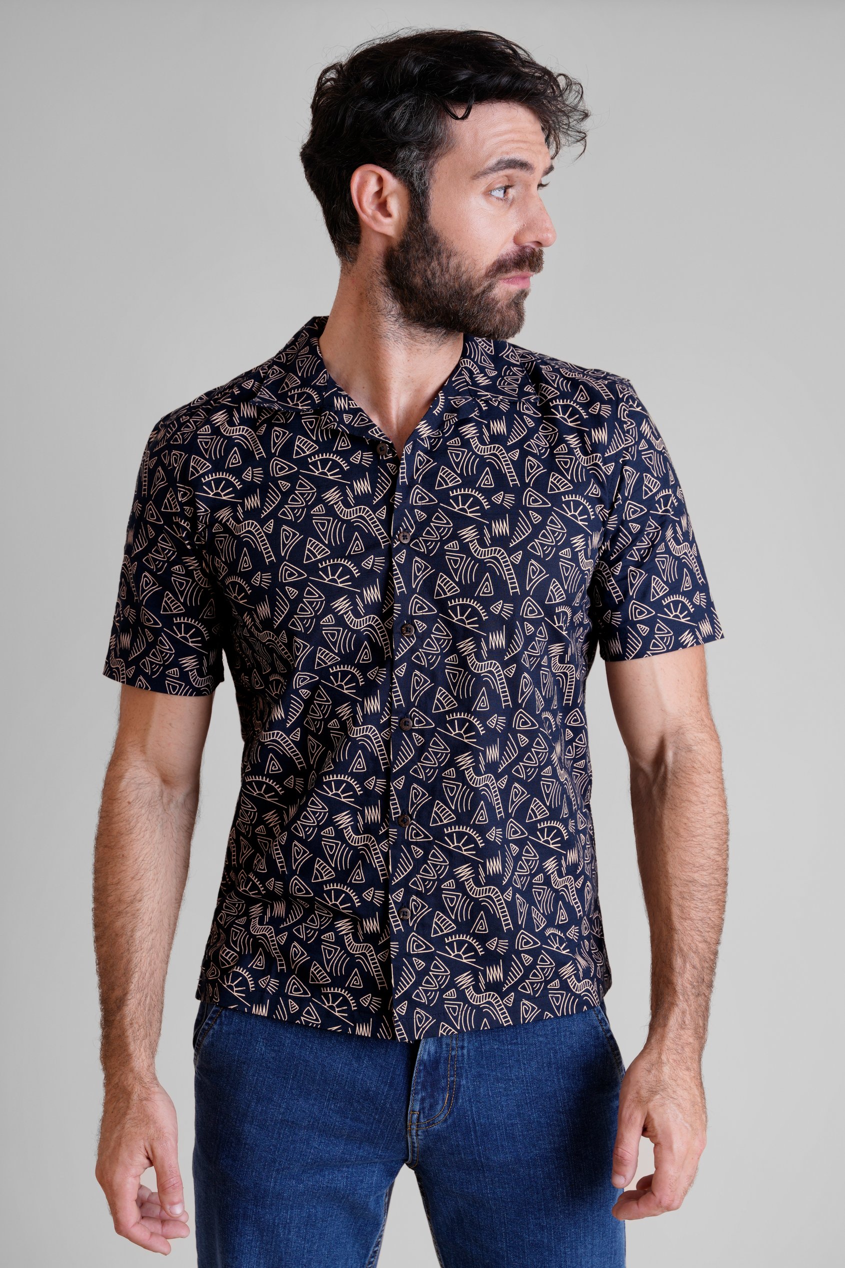 Enorsia Men's Black Navy Pencilled Revere Collar Short Sleeve Shirt - Uk Xxl