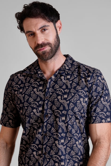 Navy Pencilled Revere Collar Short Sleeve Shirt