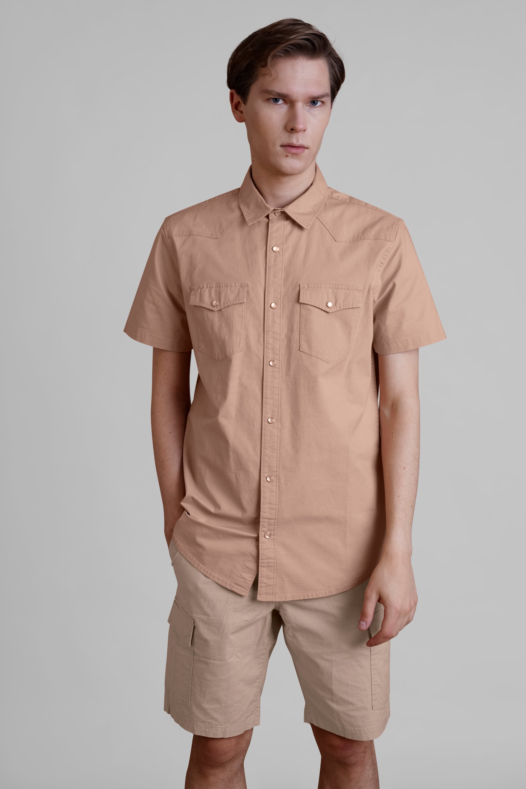 Enorsia Men's Brown Stretch Ripstop Short Sleeve Utility Shirt - Uk L