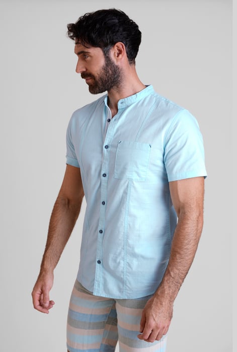 Sky Blue Cotton Linen Grandad Collar Shirt
