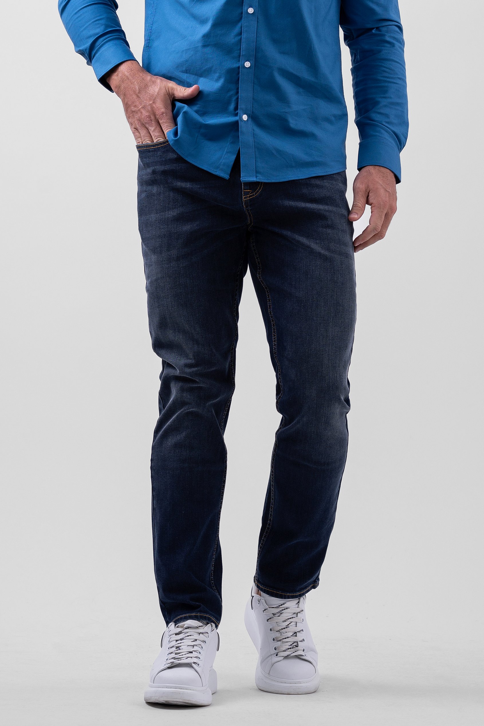 Enorsia Men's Navy Deep Blue Essential Super Stretch Regular Fit Jeans - Uk 34