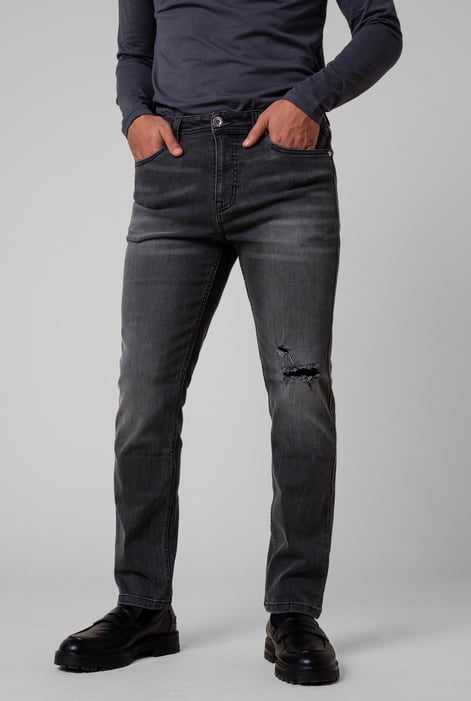 Grey Regular Fit Distressed Stretch Denim Jeans