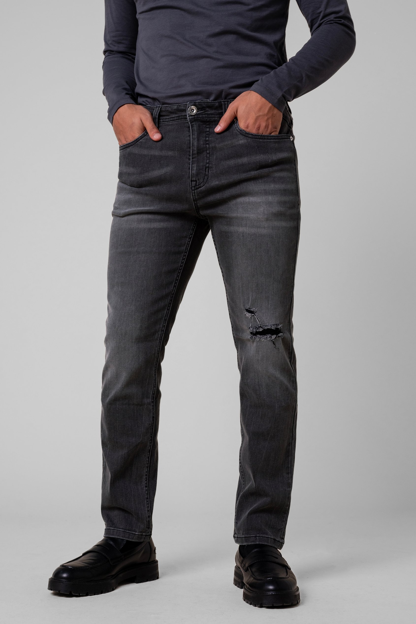 Enorsia Men's Grey Regular Fit Distressed Stretch Denim Jeans - Uk 36