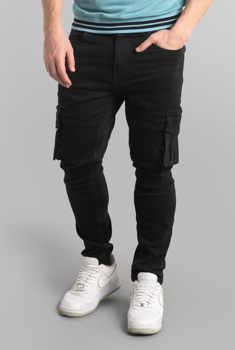 Mens Black Skinny Fit Cargo Jeans
