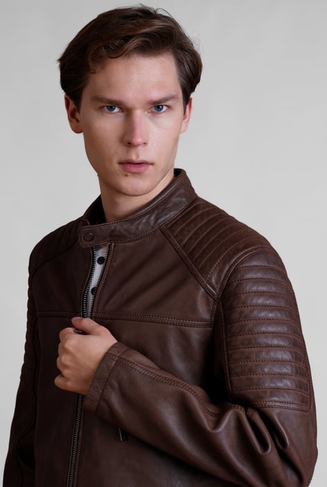 Brown Smart Zip-Up Genuine Leather Biker Jacket