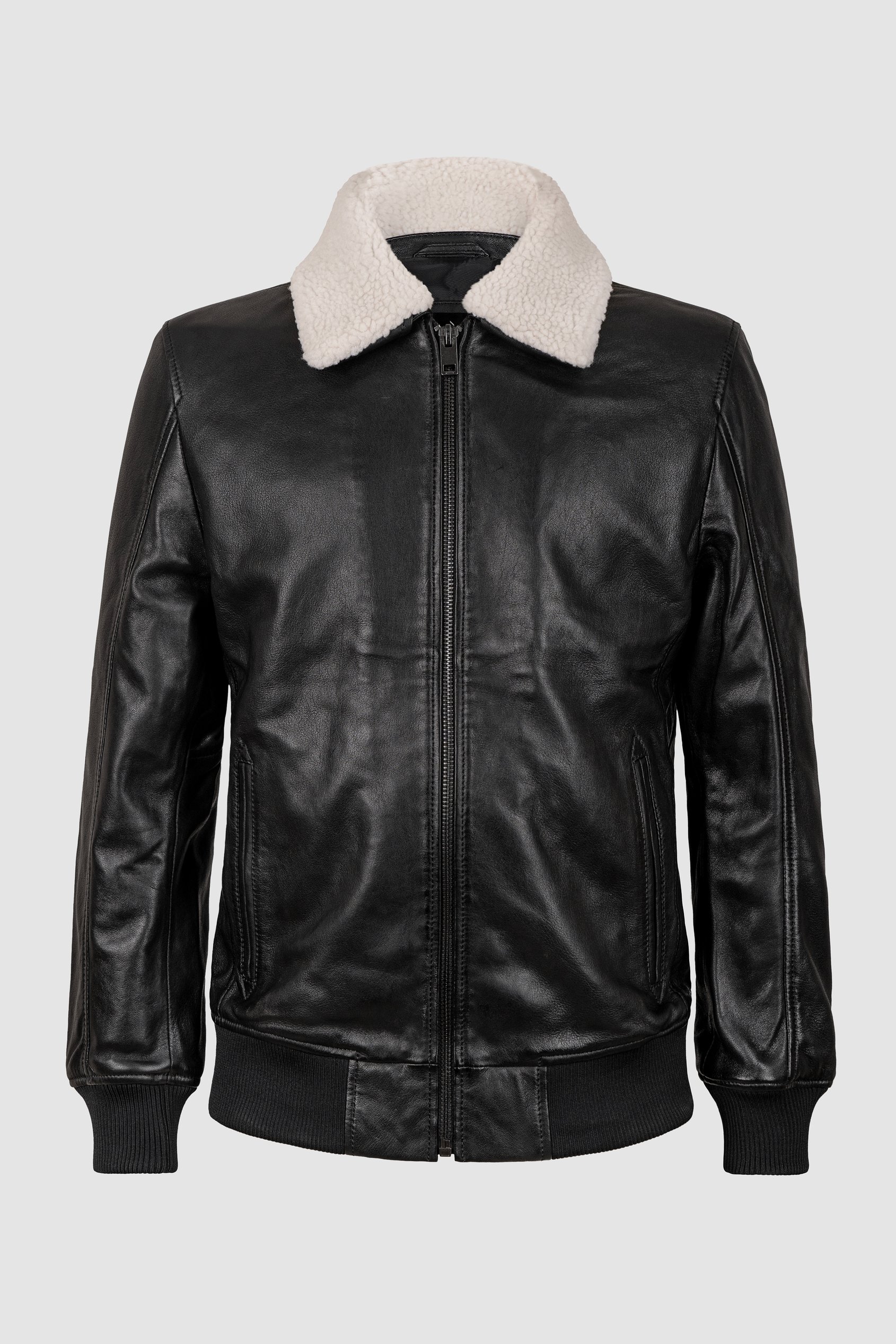 Mens Detachable Borg Collar Genuine Leather Jacket