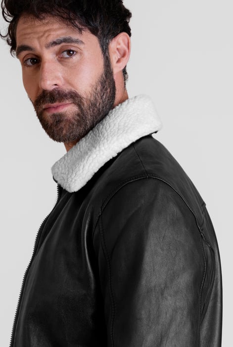 Mens Detachable Borg Collar Black Genuine Leather Jacket