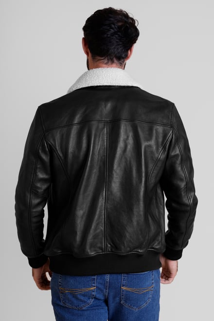 Mens Detachable Borg Collar Genuine Leather Jacket