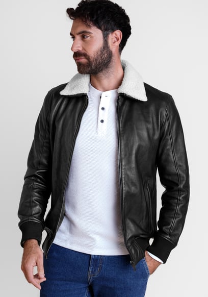 Mens Detachable Borg Collar Genuine Leather Jacket
