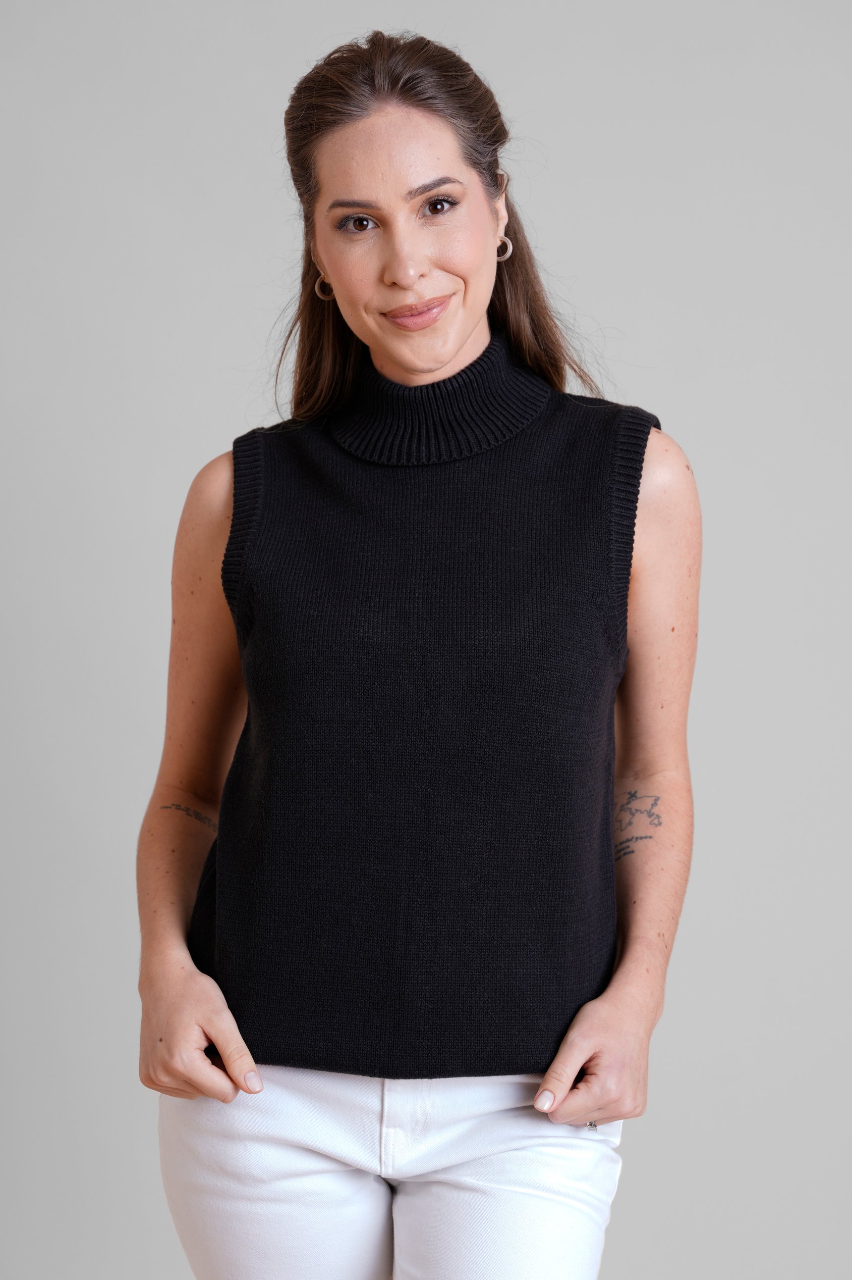 Enorsia Women's Black Sleeveless Roll Neck Knit Vest - Uk 12