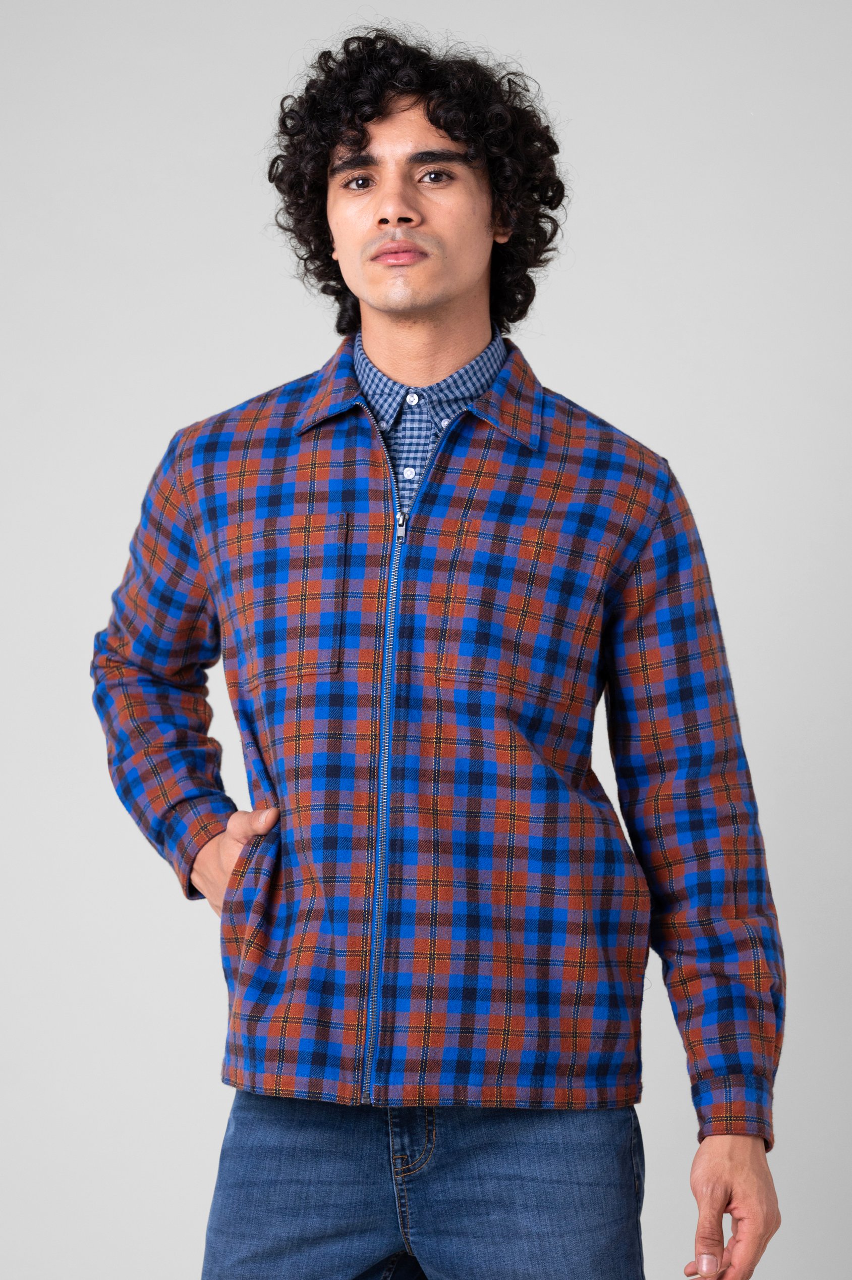 Enorsia Men's Blue Royal Tartan Check Flannel Shacket - Uk Xxl
