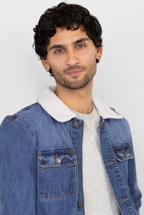 Men's Mid Blue Borg Collar Denim Trucker Jacket