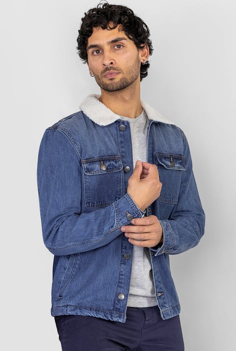 Men's Mid Blue Borg Collar Denim Trucker Jacket