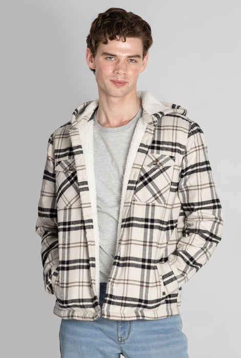 Light Beige & Black Check Hooded Borg Lined Shacket