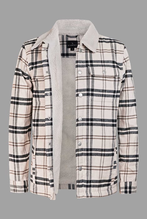 Oatmeal-Black Tartan Check Borg Lined Cotton Shacket