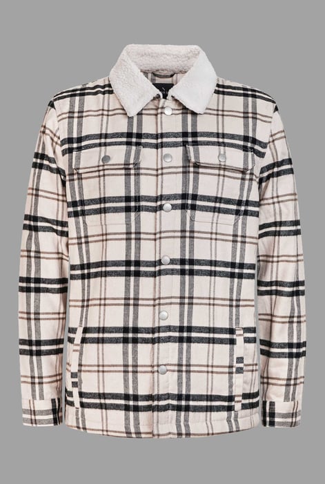 Oatmeal-Black Tartan Check Borg Lined Cotton Shacket