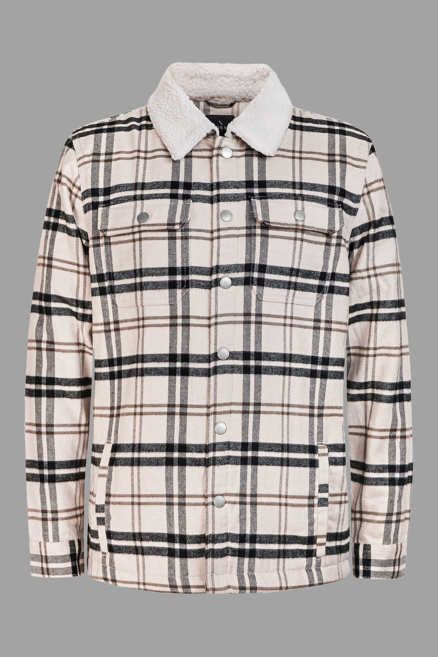 Enorsia Men's Cream Oatmeal-Black Tartan Check Borg Lined Cotton Shacket - Uk M