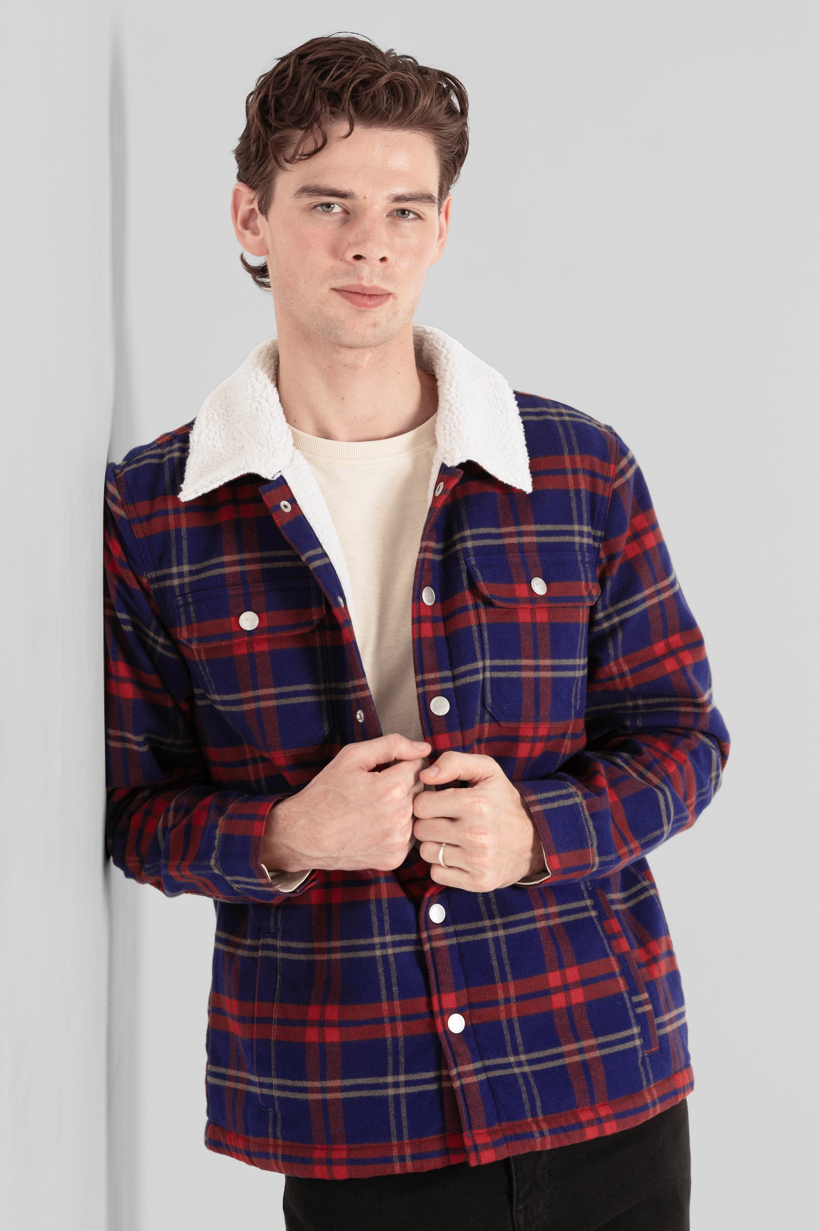 Enorsia Men's Navy Tartan Check Borg Lined Cotton Shacket - Uk Xxl