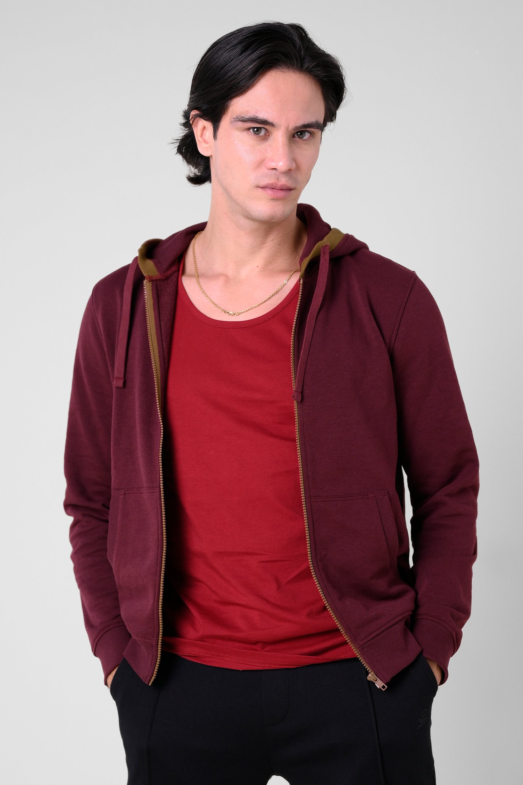 Red Contrast Piping Detail Zip Front Hoodie