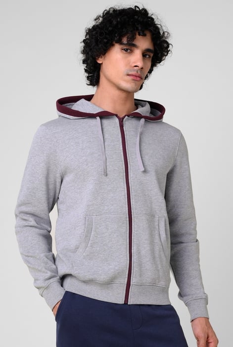 Grey Contrast Piping Detail Zip Front Hoodie
