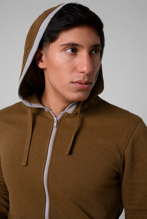 Brown Contrast Piping Detail Zip Front Hoodie