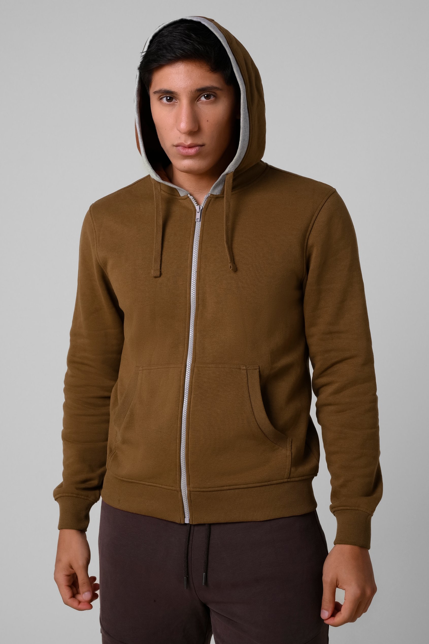 Enorsia Men's Brown Regular Fit Zip Up Hoodie - Uk L