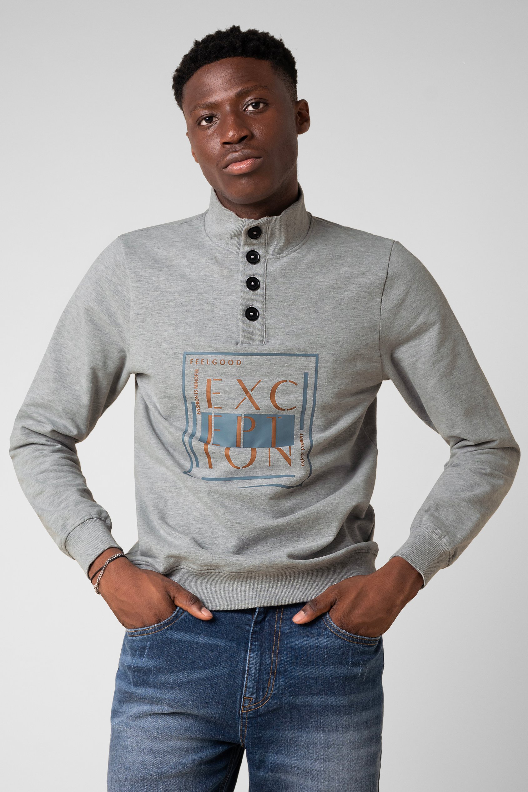 Enorsia Men's Grey Button-Up Funnel Neck Sweatshirt - Uk L