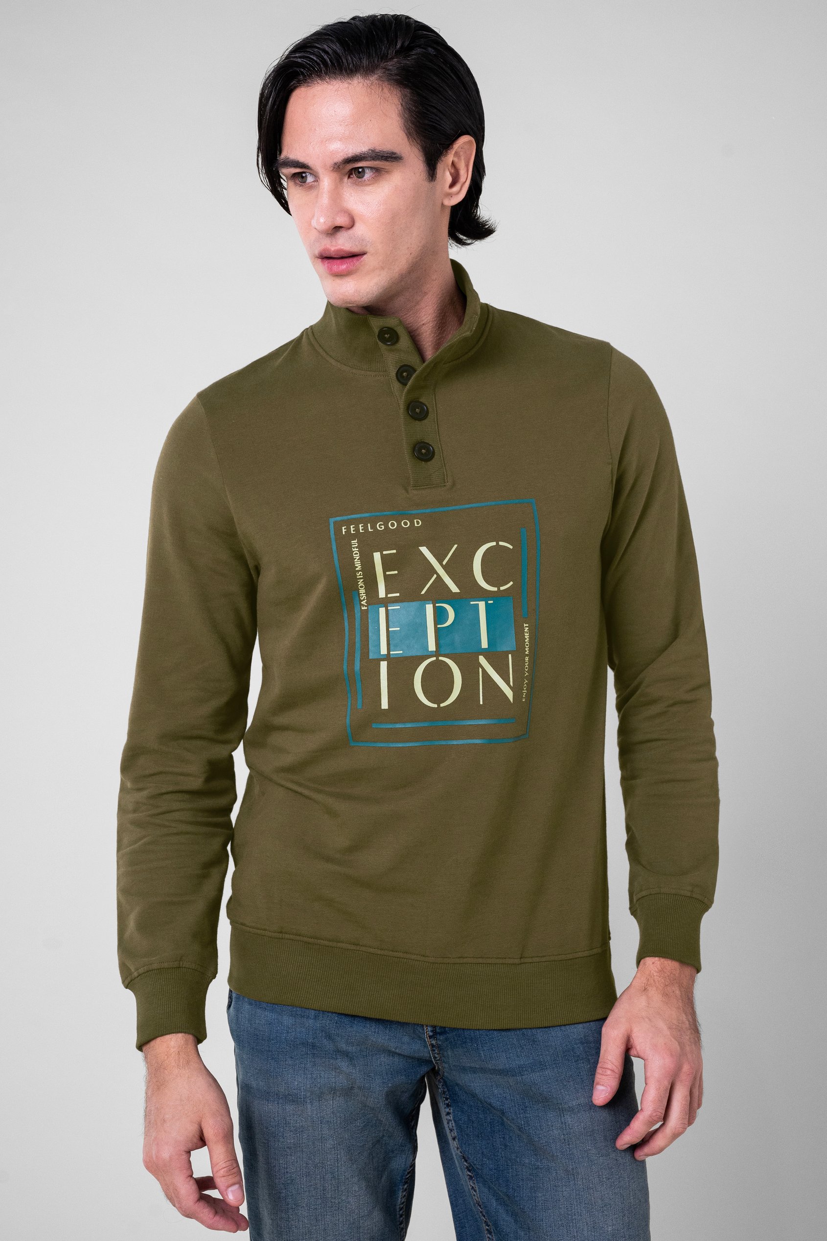 Enorsia Men's Olive Button-Up Funnel Neck Sweatshirt - Uk L