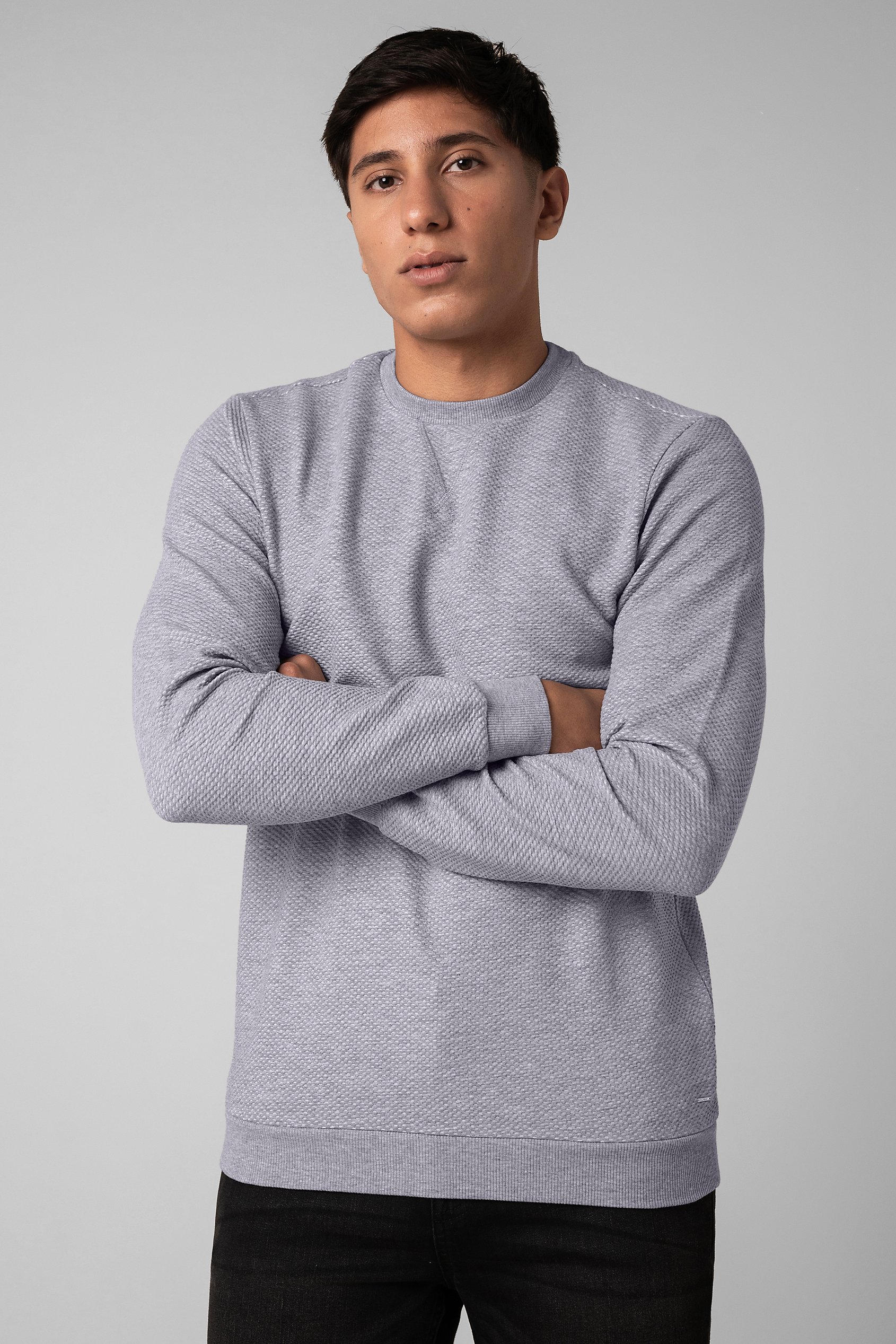 Enorsia Men's Grey Crew Neck Design Rib Sweatshirt - Uk S