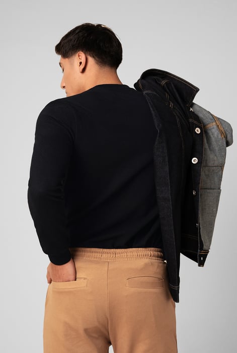 Mens Black Crew Neck Design Rib Sweatshirt
