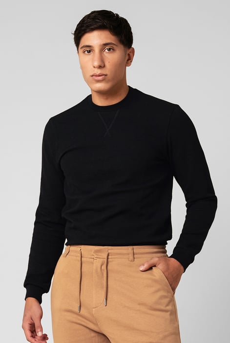 Mens Black Crew Neck Design Rib Sweatshirt