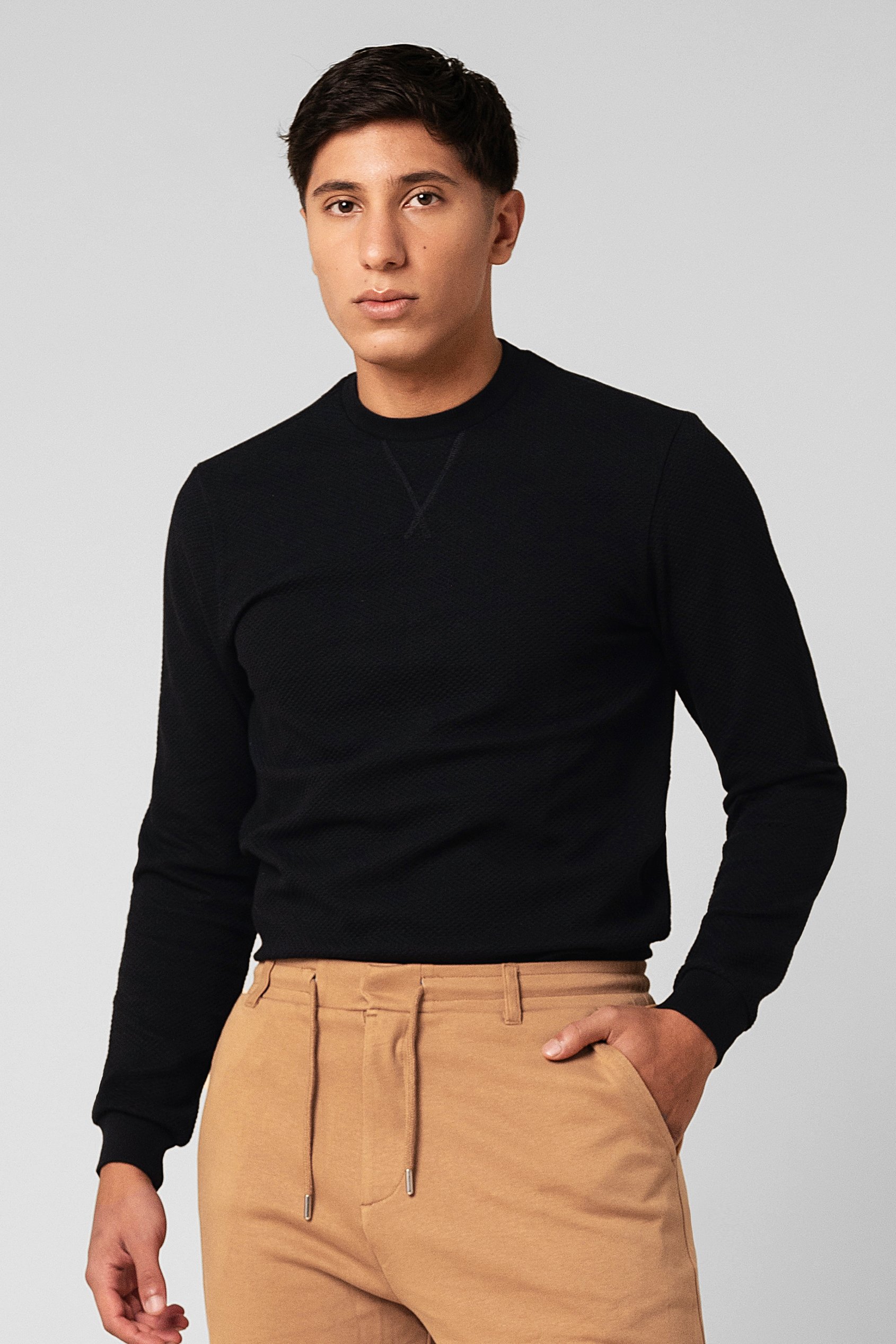 Enorsia Men's Black Crew Neck Design Rib Sweatshirt - Uk S