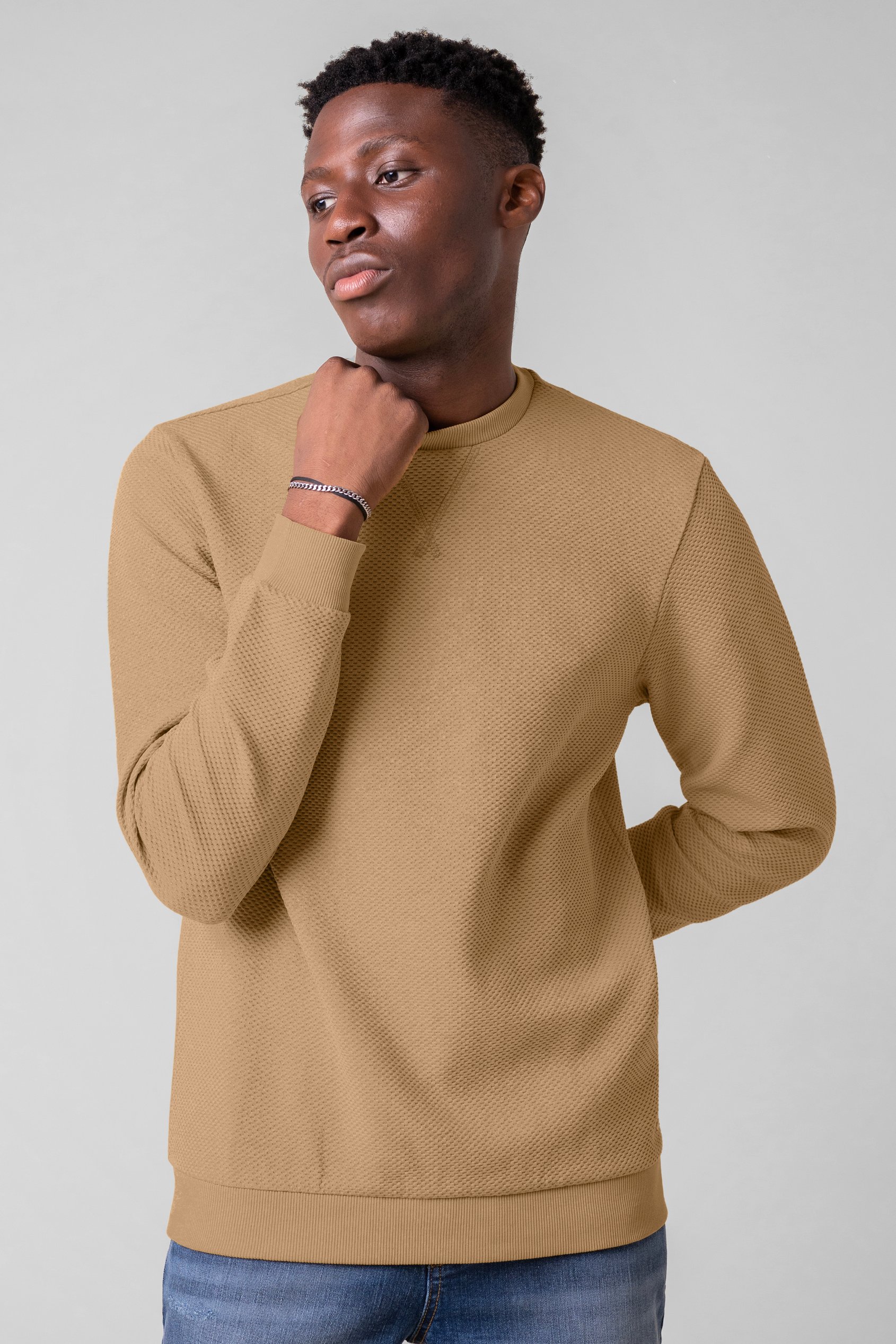 Enorsia Men's Cream Crew Neck Design Rib Sweatshirt - Uk S