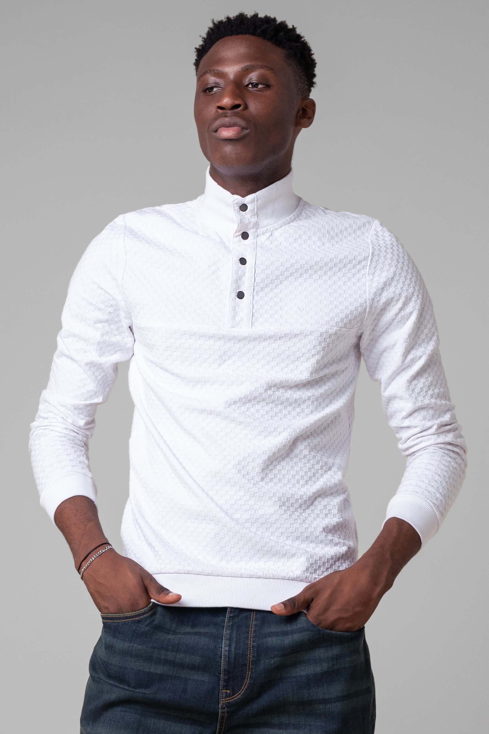 Enorsia Men's White Textured Pattern High Neck Sweatshirt - Uk M