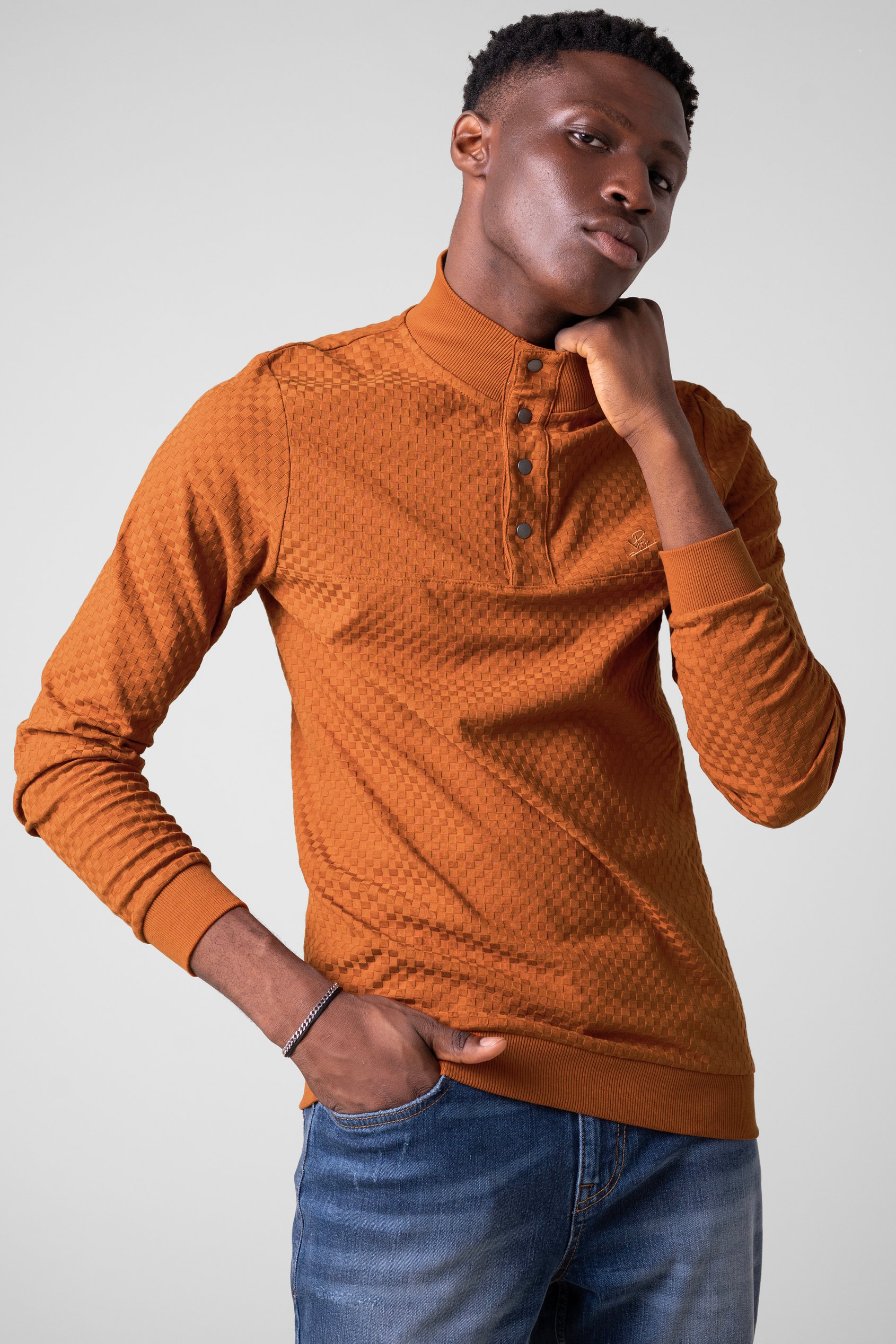 Enorsia Men's Orange Textured Pattern High Neck Sweatshirt - Uk Xxl