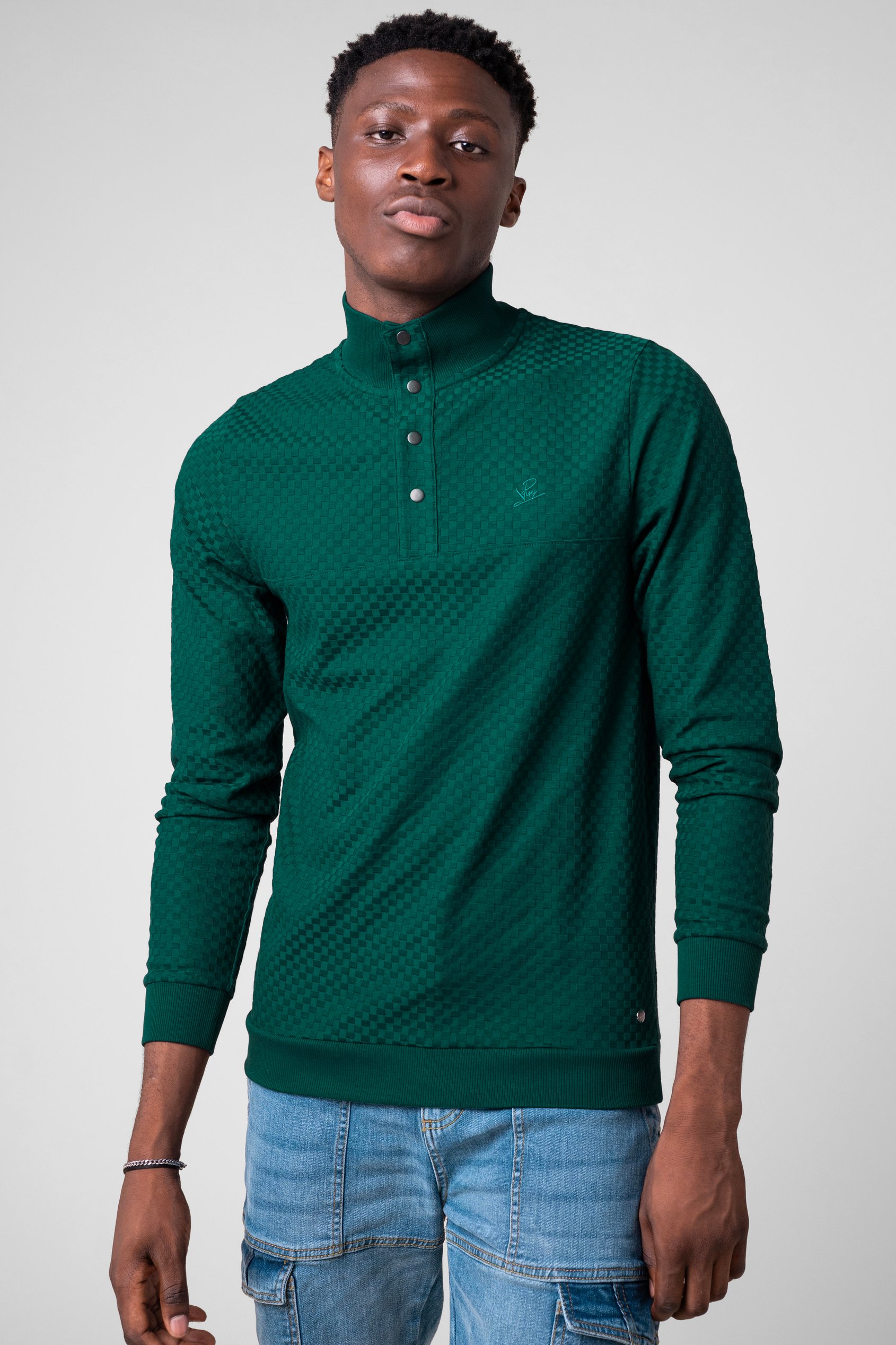 Enorsia Men's Green Textured Pattern High Neck Sweatshirt - Uk L