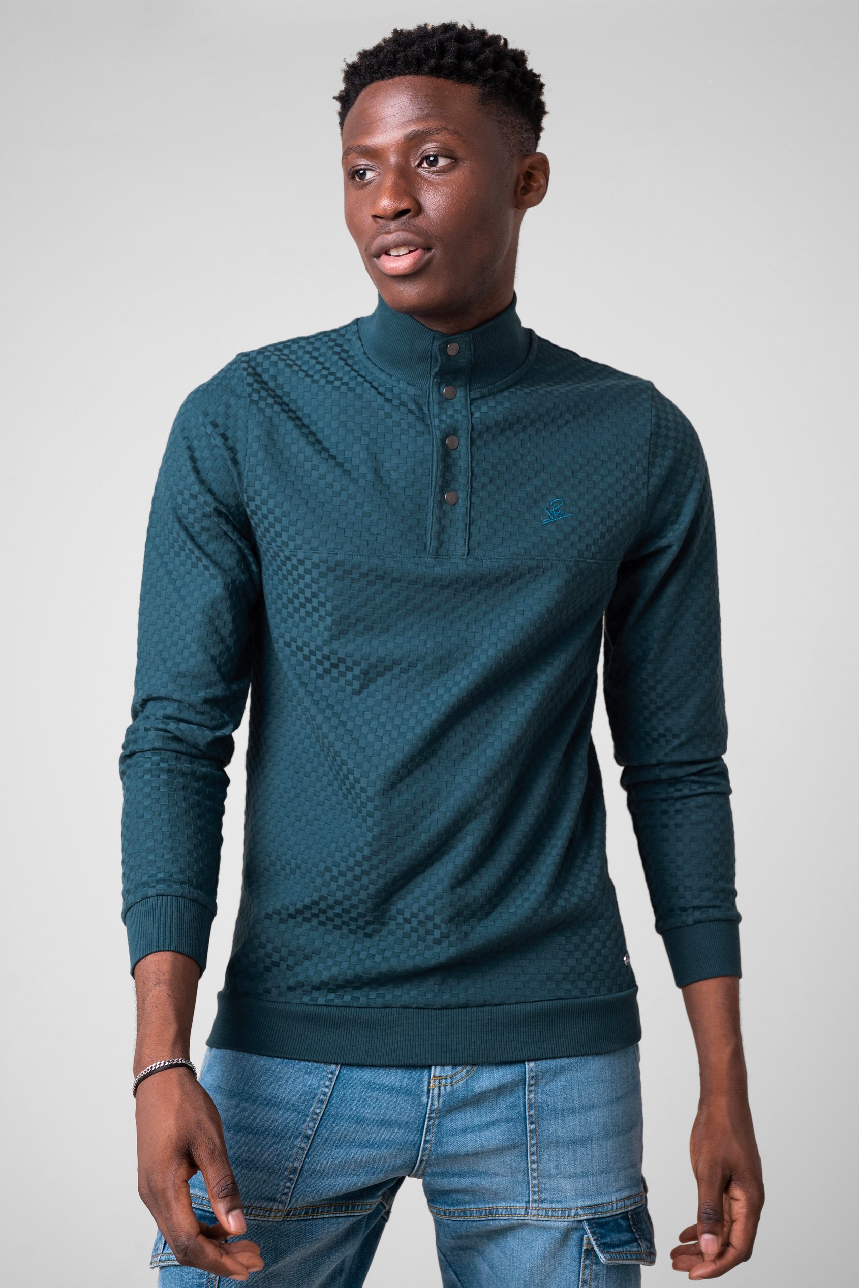 Enorsia Men's Teal Textured Pattern High Neck Sweatshirt - Uk Xl