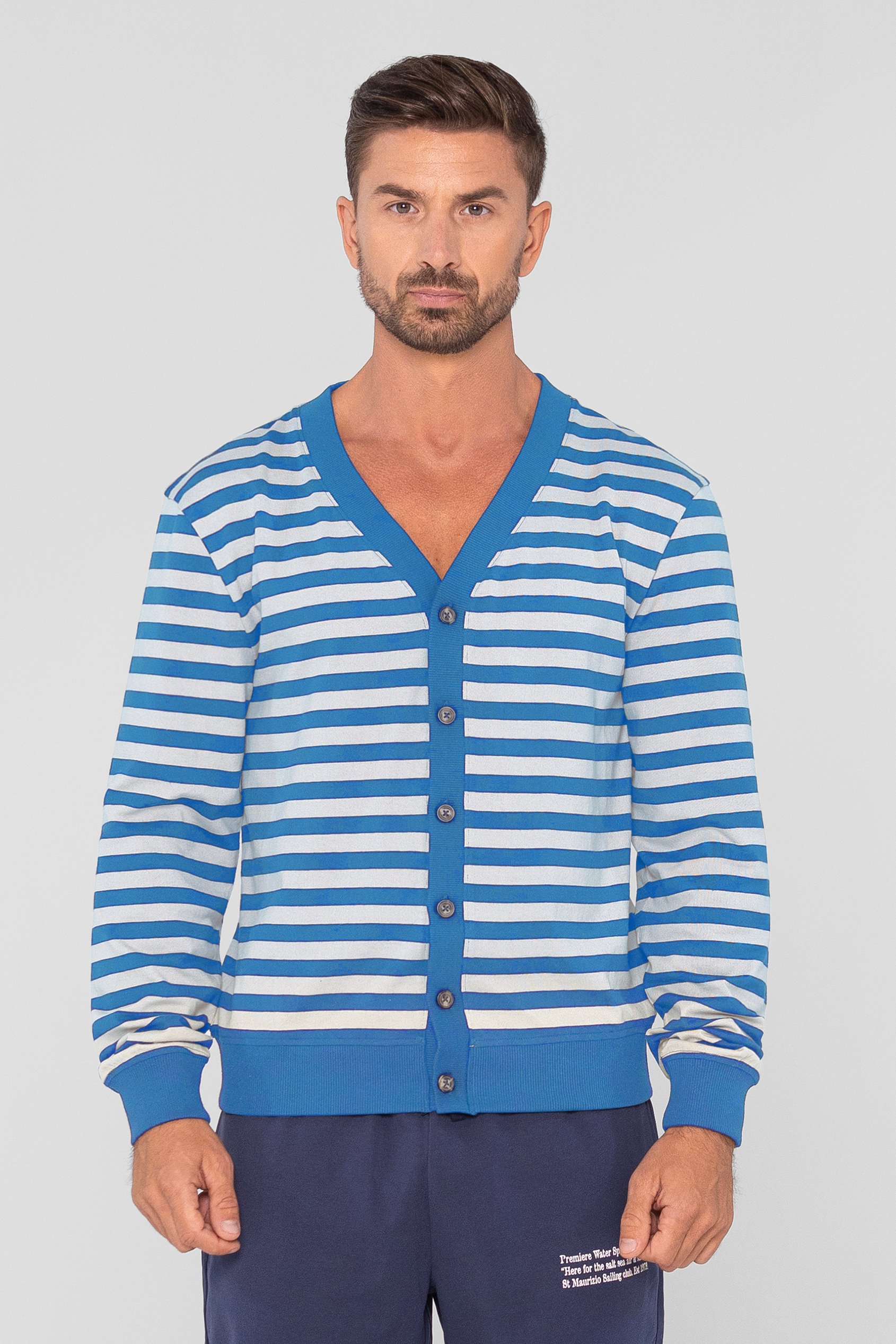 Enorsia Men's Blue Striped V-Neck Button Front Cardigan - Uk L