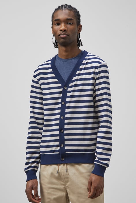 Blue Striped V-neck Button Front Cardigan