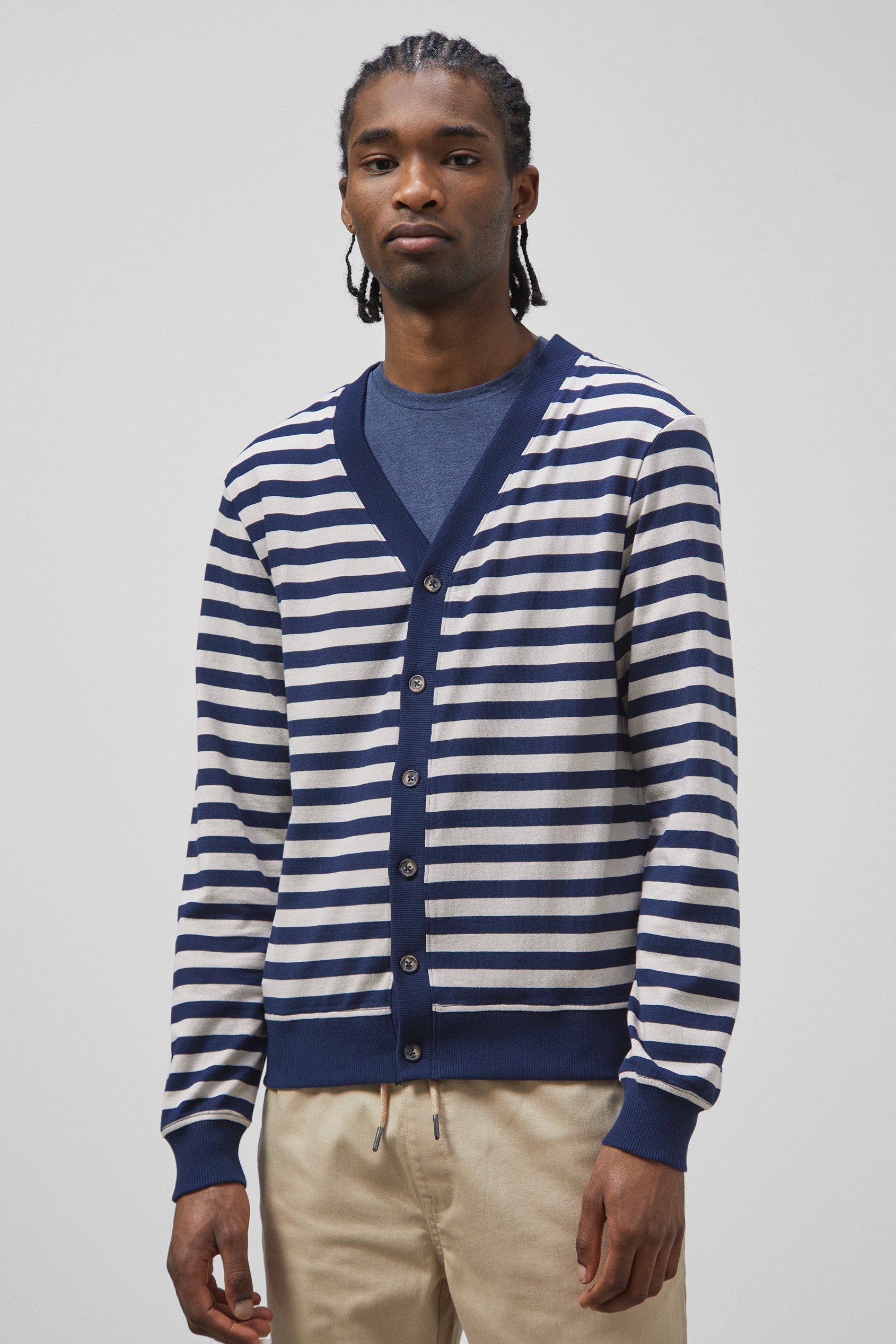 Enorsia Men's Navy Striped V-Neck Button Front Cardigan - Uk L