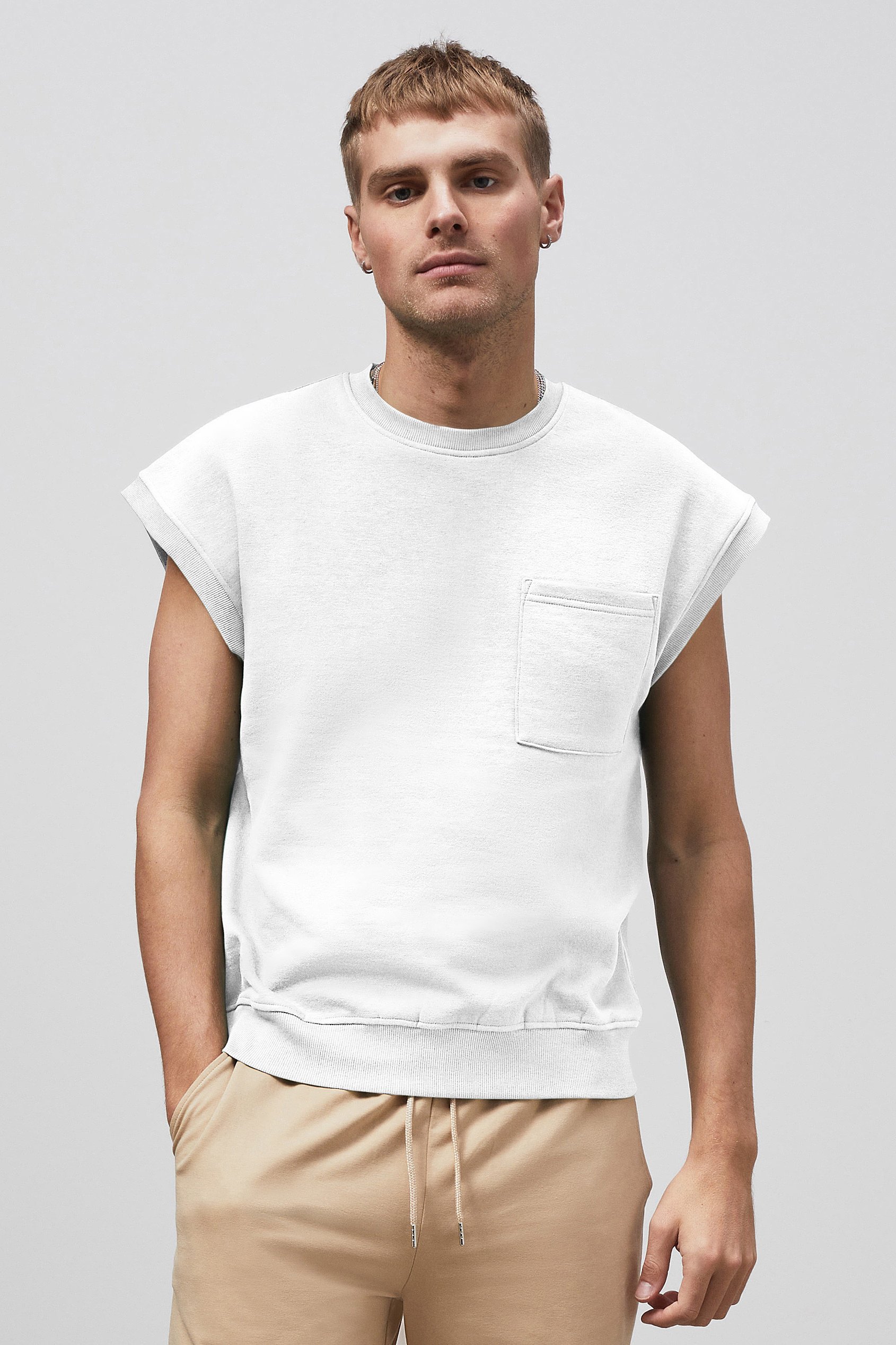 Enorsia Men's White Crew Neck Sleeveless Sweatshirt - Uk Xl